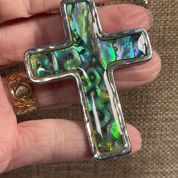 Bold Abalone & Silver Tone Cross - Picture 1 of 6